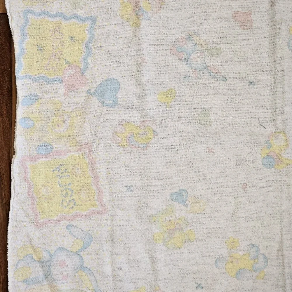 Vintage Baby Receiving Blanket Pastel Animals Hugs Kisses Bunny Kitty Dog Hearts